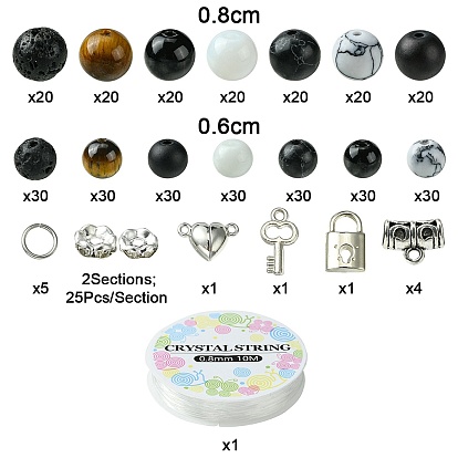 DIY Couple Bracelet Making Kit, Including Natural & Synthetic Mixed Gemstone & Glass Round Beads, Alloy Heart Magnetic Clasps, Skeleton Key & Lock Plastic Pendants