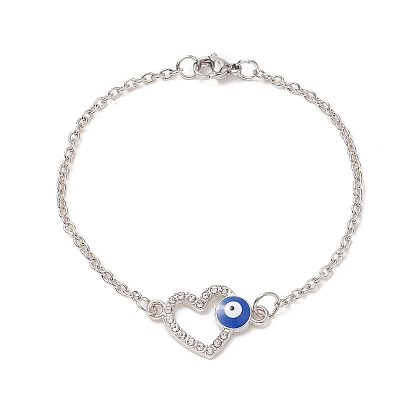 2Pcs 2 Color Crystal Rhinestone Heart with Evil Eye Link Bracelets Set, Alloy Jewelry for Women