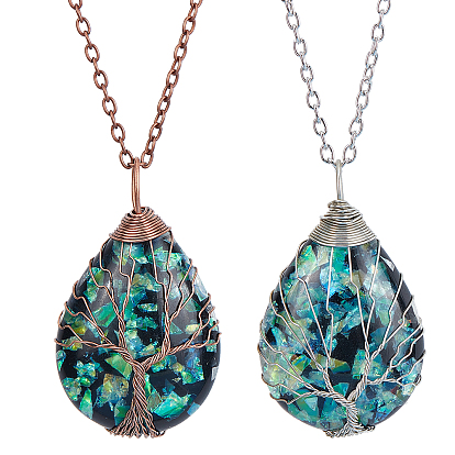 4Pcs 2 Colors Teardrop Pendant Necklaces Set, Wire Wrap Tree of Life Pendant Necklaces for Women, Dark Green