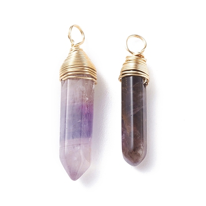 Pendentifs pointus en améthyste naturelle à double terminaison, avec fil de cuivre doré clair enroulé, balle