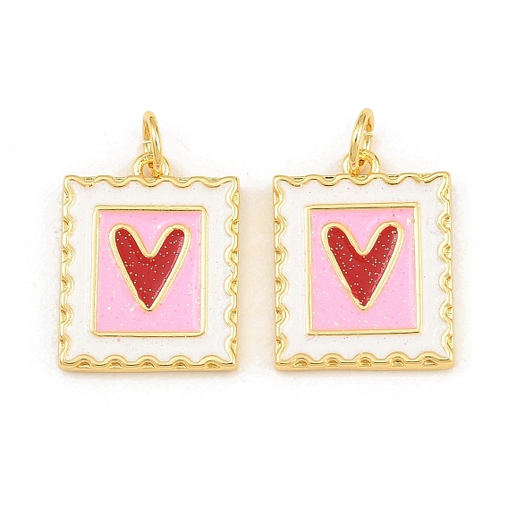 Brass Enamel Pendants, Rectangle with Heart Charms, Rack Plating, with Glitter Powder, Long-Lasting Plated, Lead Free & Cadmium Free