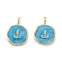 Brass Enamel Pendants, with Jump Rings, Long-Lasting Plated, Flat Round with Anchor, Deep Sky Blue