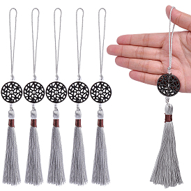 6шт. плоские круглые деревянные подвесные украшения, полиэстеровая кисточка для подвесных украшений в виде веера