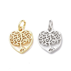 Rack Plating Brass Charms, with Jump Ring, Lead Free & Cadmium Free, Hollow, Heart with Tree of Life Charm