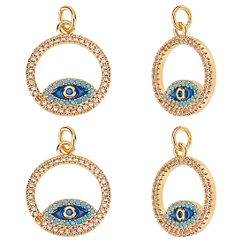 Nbeads 4Pcs Brass Micro Pave Cubic Zirconia Pendants, with Enamel and Jump Ring, Ring with Evil Eye