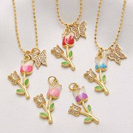 Подвеска-колье из латуни с микропаве из прозрачных кубических цирконий и эмалью в виде бабочки и розы для женщин., золотые