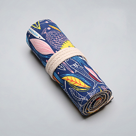 Fish Pattern Handmade Canvas Pencil Roll Wrap, Roll Up Pencil Case for Coloring Pencil Holder