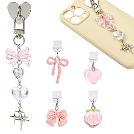 5 Lot de bouchons anti-poussière en PVC pour téléphone portable et support de téléphone en fer, bowknot, avec des pendentifs en acrylique, résine et alliage