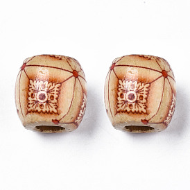 Printed Natural Wood Beads, Macrame Beads Large Hole, Barrel with Square and Flower