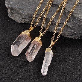 Natural Crystal Bullet Pendant Necklaces, with 304 Stainless Steel Rolo Chains