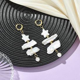 Серьги-кольца с натуральным жемчугом кеши в форме звезды, Круглые серьги-подвески с жемчугом из ракушек, с 202 кольцом из нержавеющей стали и 316 булавкой из хирургической нержавеющей стали.