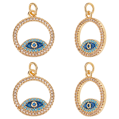 4Pcs Brass Micro Pave Cubic Zirconia Pendants, with Enamel and Jump Ring, Ring with Evil Eye