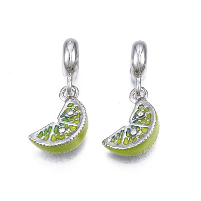 Rack Plating Alloy Enamel European Dangle Charms, with Crystal Rhinestone, Large Hole Beads, Cadmium Free & Lead Free, Platinum, Lemon Slice