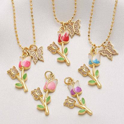 Подвеска-колье из латуни с микропаве из прозрачных кубических цирконий и эмалью в виде бабочки и розы для женщин., золотые