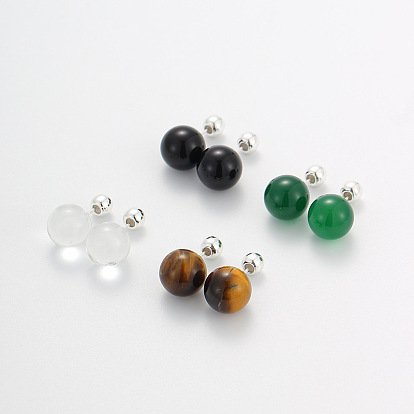 Natural Mixed Stone Round Ball Stud Earrings with Sterling Silver Pins for Women