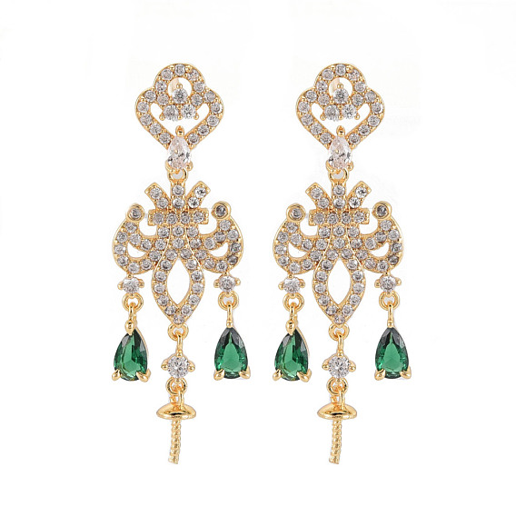 Brass Micro Pave Clear Cubic Zirconia Stud Earring Findings, for Half Drilled Beads, Nickel Free, Cloud