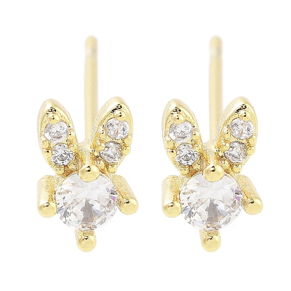 Серьга-гвоздик из латуни с прозрачным фианитом и паве, кролик