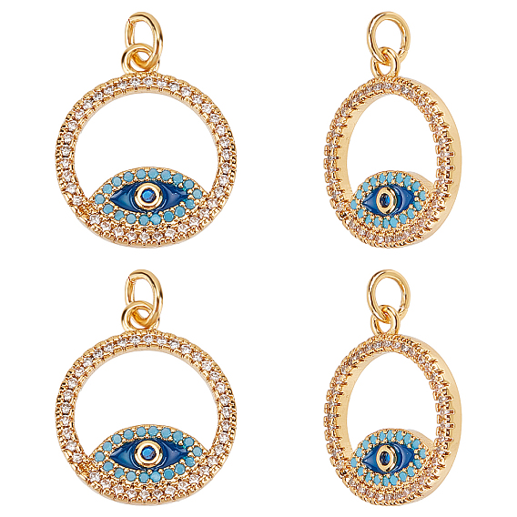 4Pcs Brass Micro Pave Cubic Zirconia Pendants, with Enamel and Jump Ring, Ring with Evil Eye