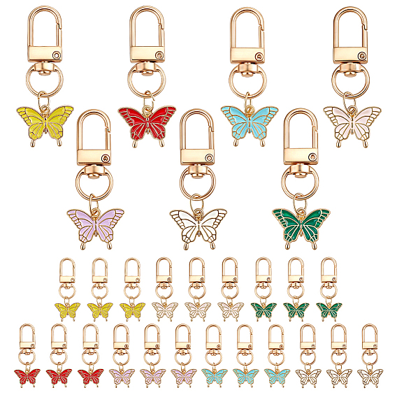28Pcs 7 Colors Butterfly Alloy Enamel Pendant Decorations, with Alloy Swivel Clasps