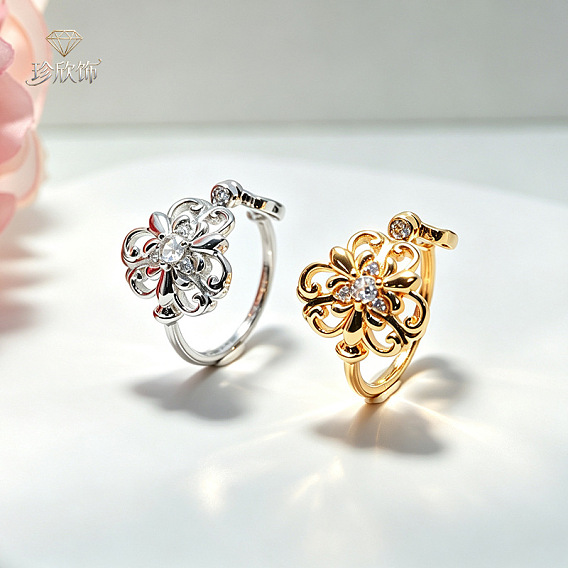Messing Micro Pave klare Zirkonia Manschette offene Ringe, Blume