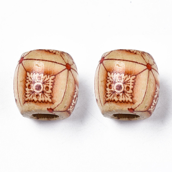 Printed Natural Wood Beads, Macrame Beads Large Hole, Barrel with Square and Flower