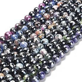 Electroplated Natural Fire Crackle Agate Round Beads Strands, Dyed & Heated, Faceted(128 Facets)