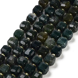 Natural Moss Agate Beads Strands, Faceted Table Cut Cube Beads, with Seed Beads