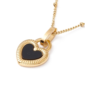 Black and White Synthetic Shell Double Side Heart Padlock Pendant Necklace with Satellite Chains, Ion Plating(IP) 304 Stainless Steel Jewelry for Women