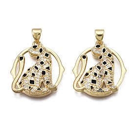 Brass Micro Pave Clear Cubic Zirconia Pendants, with Enamel, Nickel Free, Circle with Cat