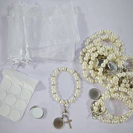 16Pcs ABS Plastic Imitation Pearl Mala Beaded Stretch Bracelets, Alloy Religion Cross and 304 Stainless Steel Flat Round Pendant Bracelets, with Aluminum Heat Transfer Blank Sheets, White