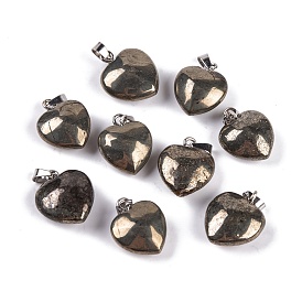 Natural Chalcopyrite Pendants, Heart Charms with 201 Stainless Steel Snap on Bails, Stainless Steel Color