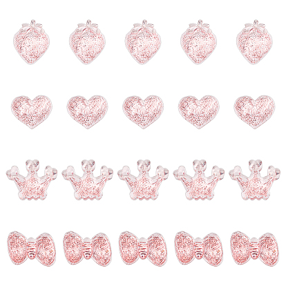 24Pcs 4 Style Transparent Resin Cabochons, with Glitter Powder, Heart & Strawberry & Bowknot & Crown