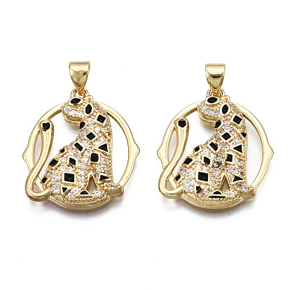 Brass Micro Pave Clear Cubic Zirconia Pendants, with Enamel, Nickel Free, Circle with Cat