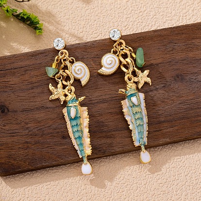 Alloy Enamel Stud Earrings, Shell Shape with Starfish, Rhinestone Dangle Earrings for Women