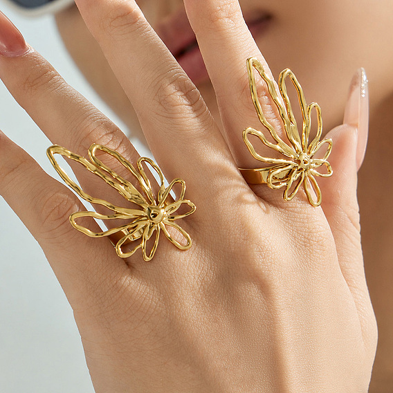 316L Surgical Stainless Steel Cuff Open Rings for Women, Flower