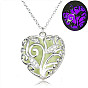 Alloy Heart Cage Pendant Necklace with Synthetic Luminaries Stone, Glow In The Dark Jewelry for Women, Silver