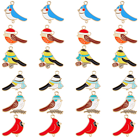 24Pcs 6 Style Alloy Enamel Pendants, Bird with Hat & Scarf, Light Gold