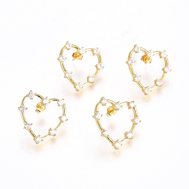 Brass Micro Pave Clear Cubic Zirconia Stud Earrings, with Ear Nuts, Long-Lasting Plated, Heart