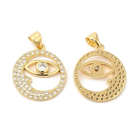 Brass Micro Pave Clear Cubic Zirconia Pendants, Moon with Eye Charms
