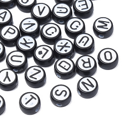 Opaque Black Acrylic Beads,  Flat Round with Random Letter