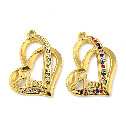 Ion Plating(IP) Real 18K Gold Plated 304 Stainless Steel Rhinestone Pendants, Heart with Word Mom Charms, for Mother's Day