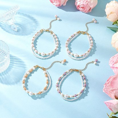 4шт 4 цвета стеклянные жемчужины круглые бусины многорядные браслеты, и застежки-клешни из цинкового сплава