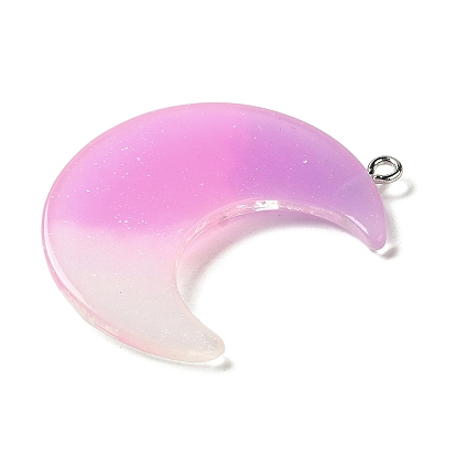 Gradient Color Translucent Resin Pendants, Glitter Moon Charms with Platinum Tone Iron Loops