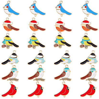24Pcs 6 Style Alloy Enamel Pendants, Bird with Hat & Scarf, Light Gold