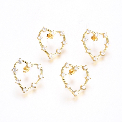 Brass Micro Pave Clear Cubic Zirconia Stud Earrings, with Ear Nuts, Long-Lasting Plated, Heart