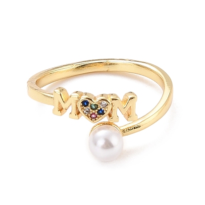 Mom Heart Cubic Zirconia Cuff Ring for Mother's Day, Real 18K Gold Plated Brass Open Ring with Imitation Pearl, Cadmium Free & Lead Free