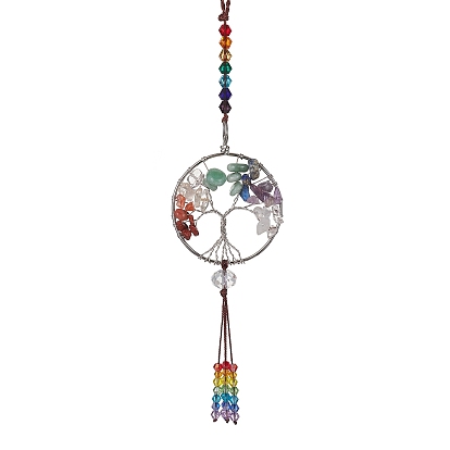 7 Chakra Gemstone Chip Pendant Decoration, Tree of Life Ornament with Tassel Glass Beads
