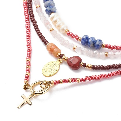 4Pcs 4 Style Cross and Virgin Mary Brass & Alloy Charms Necklaces Set, Natural Mixed Stone & Pearl & Glass Beaded Stackable Necklaces for Women