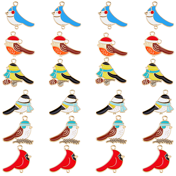 24Pcs 6 Style Alloy Enamel Pendants, Bird with Hat & Scarf, Light Gold