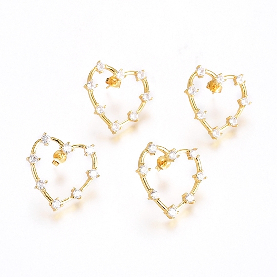 Brass Micro Pave Clear Cubic Zirconia Stud Earrings, with Ear Nuts, Long-Lasting Plated, Heart